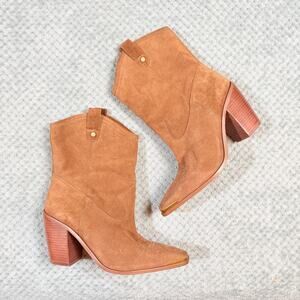 vince camuto warm brown suede heeled western slouchy leather ankle boot cowboy